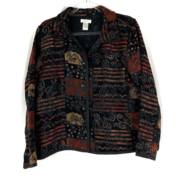 Christopher & Banks | Black Autumn Patchwork Tapestry Fall Leaf Button Jacket XL - Picture 1 of 5